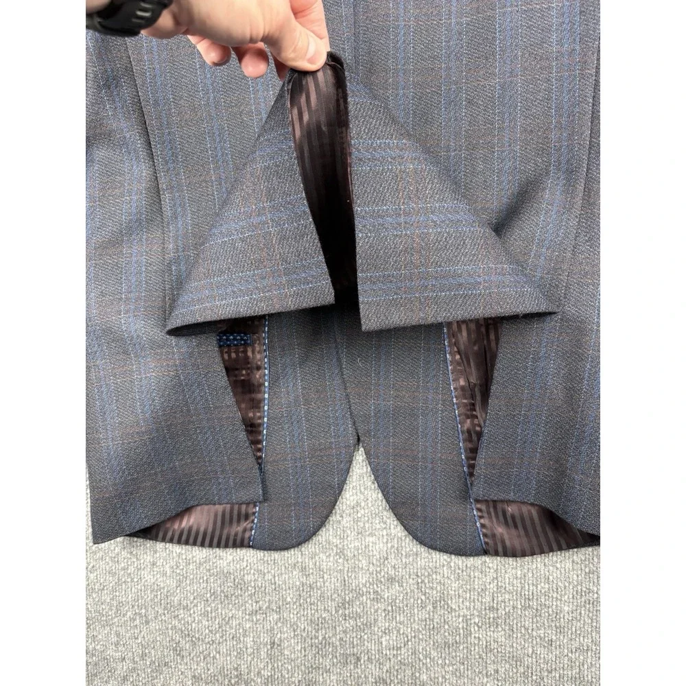 Johnston & Murphy Sport Coat Mens L Gray Blue Plaid 100% Wool Blazer Jacket